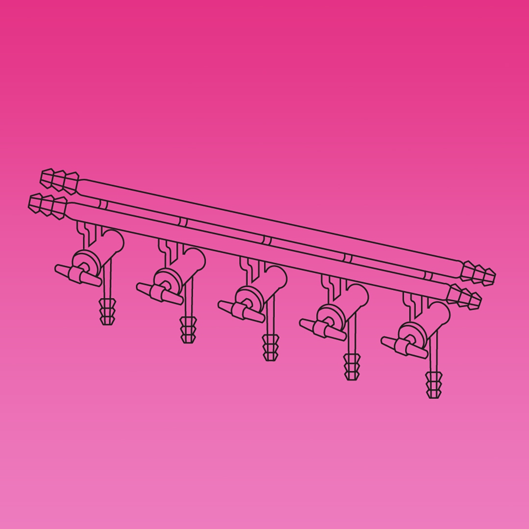 Double Manifold, Glass Stopcocks, Front And Rear Both Sides Tubing Connectors, APlus, No. of Ports 5, Overall Width 450mm, Borosilicate Glass