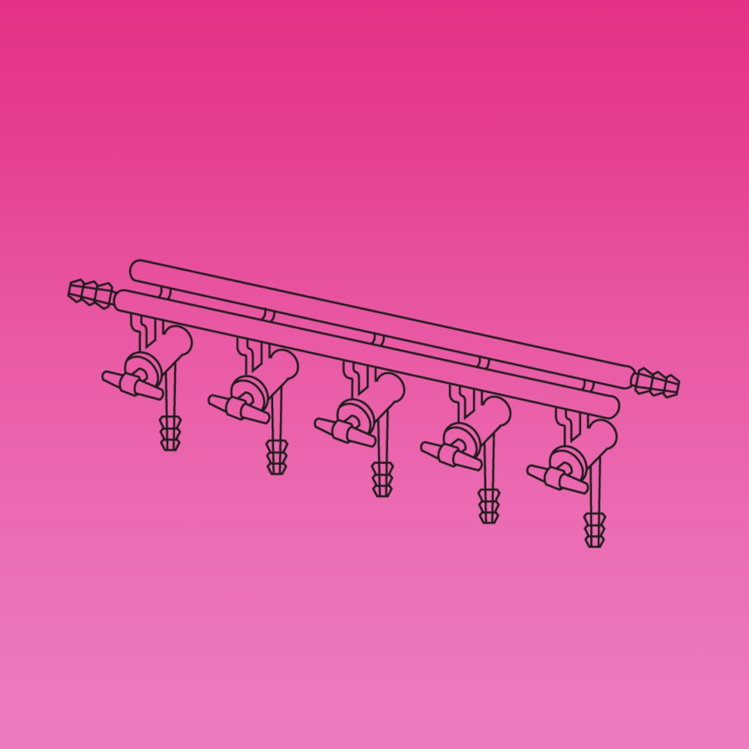 Double Manifold, High Vacuum Glass Stopcocks, Front Left And Rear Right Tubing Connectors, APlus, No. of Ports 5, Overall Width 450mm, Borosilicate Glass