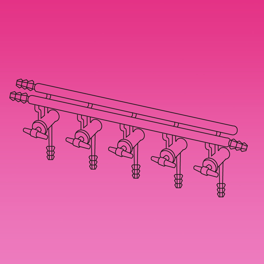 Double Manifold, Glass Stopcocks, Front Both Sides And Rear Left Tubing Connectors, APlus, No. of Ports 5, Overall Width 450mm, Borosilicate Glass