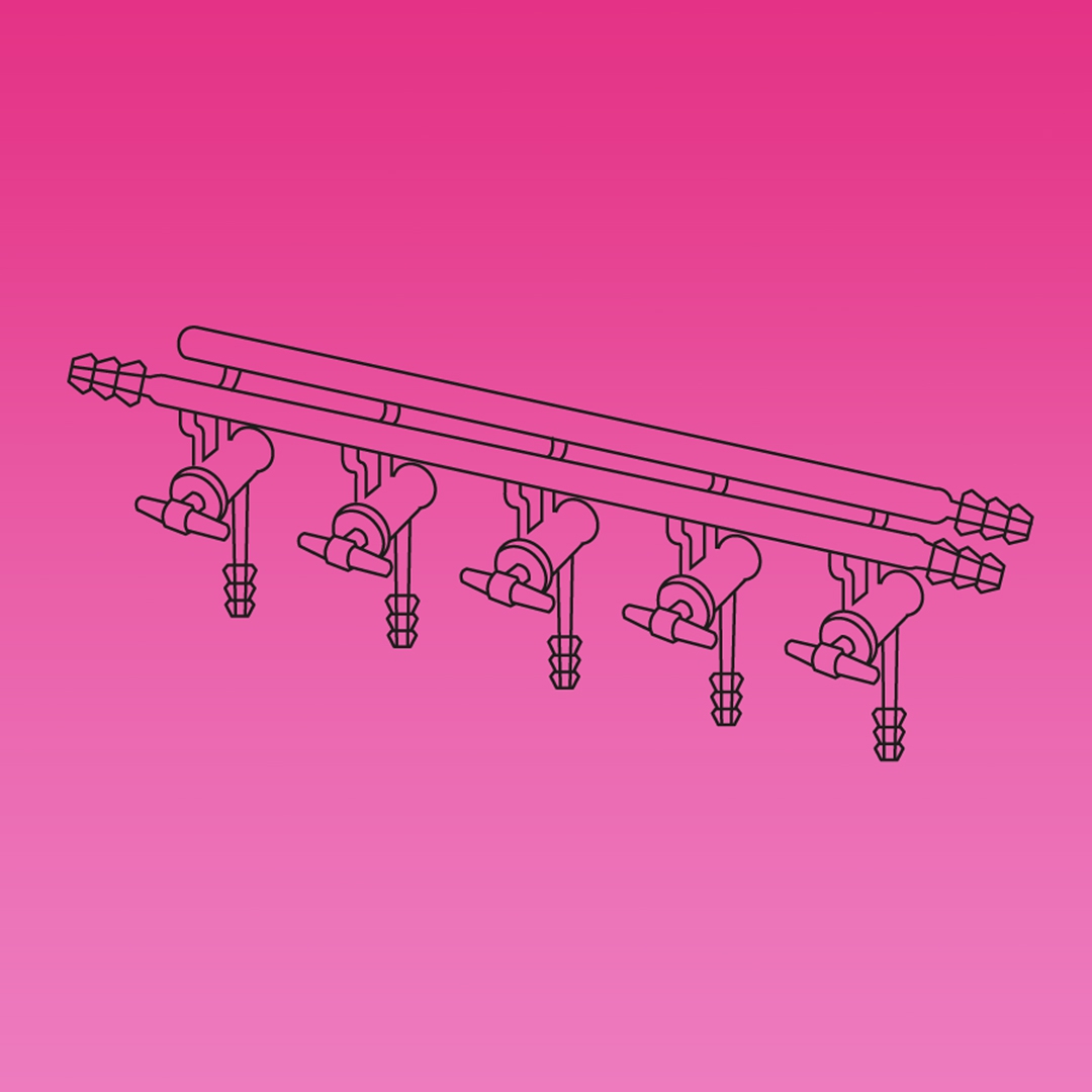 Double Manifold, Glass Stopcocks, Front Both Sides And Rear Right Tubing Connectors, APlus, No. of Ports 5, Overall Width 450mm, Borosilicate Glass