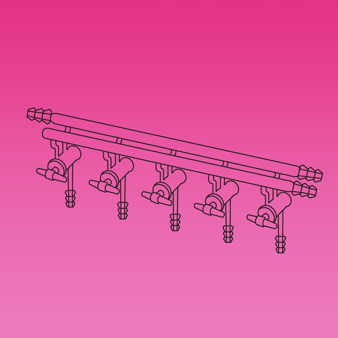 Double Manifold, Glass Stopcocks, Front Right And Rear Both Sides Tubing Connectors, APlus, No. of Ports 5, Overall Width 450mm, Borosilicate Glass