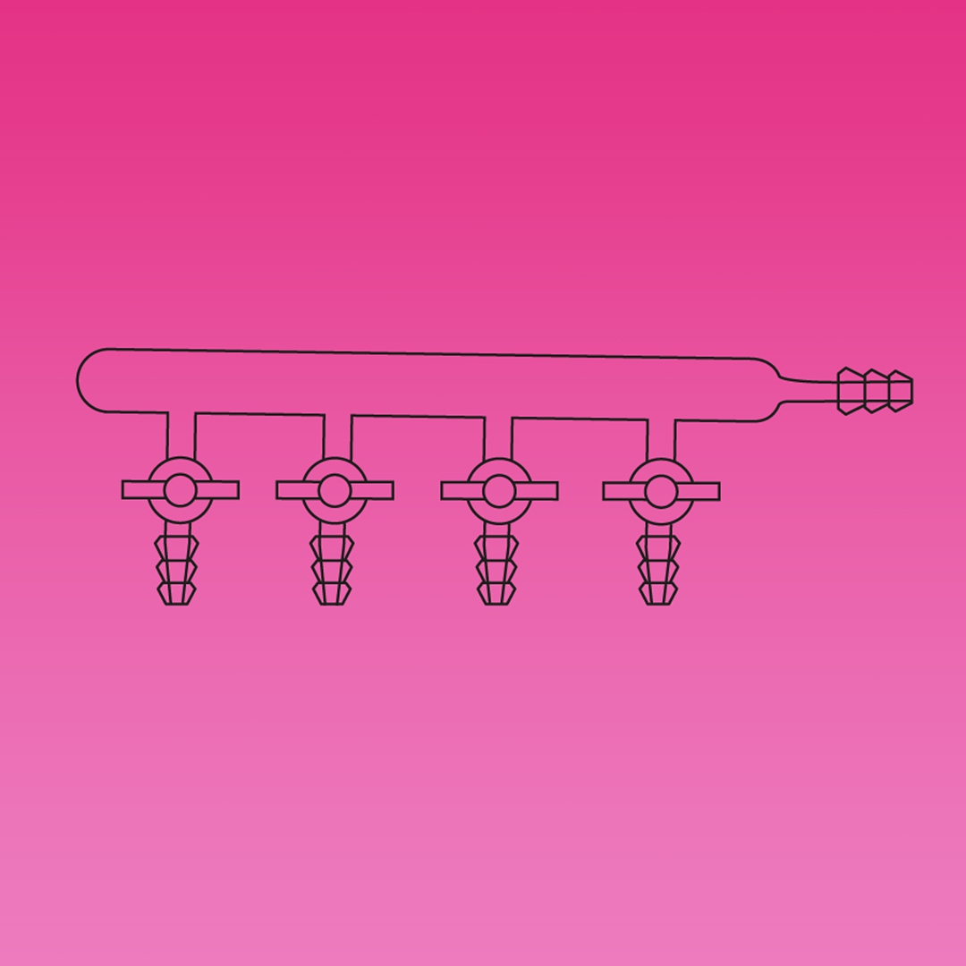 Single Manifold, Stopcocks, Right Side Tubing Connector, APlus, No. of Ports 4, Stopcock Bore 2mm, Hose OD 8mm, Borosilicate Glass