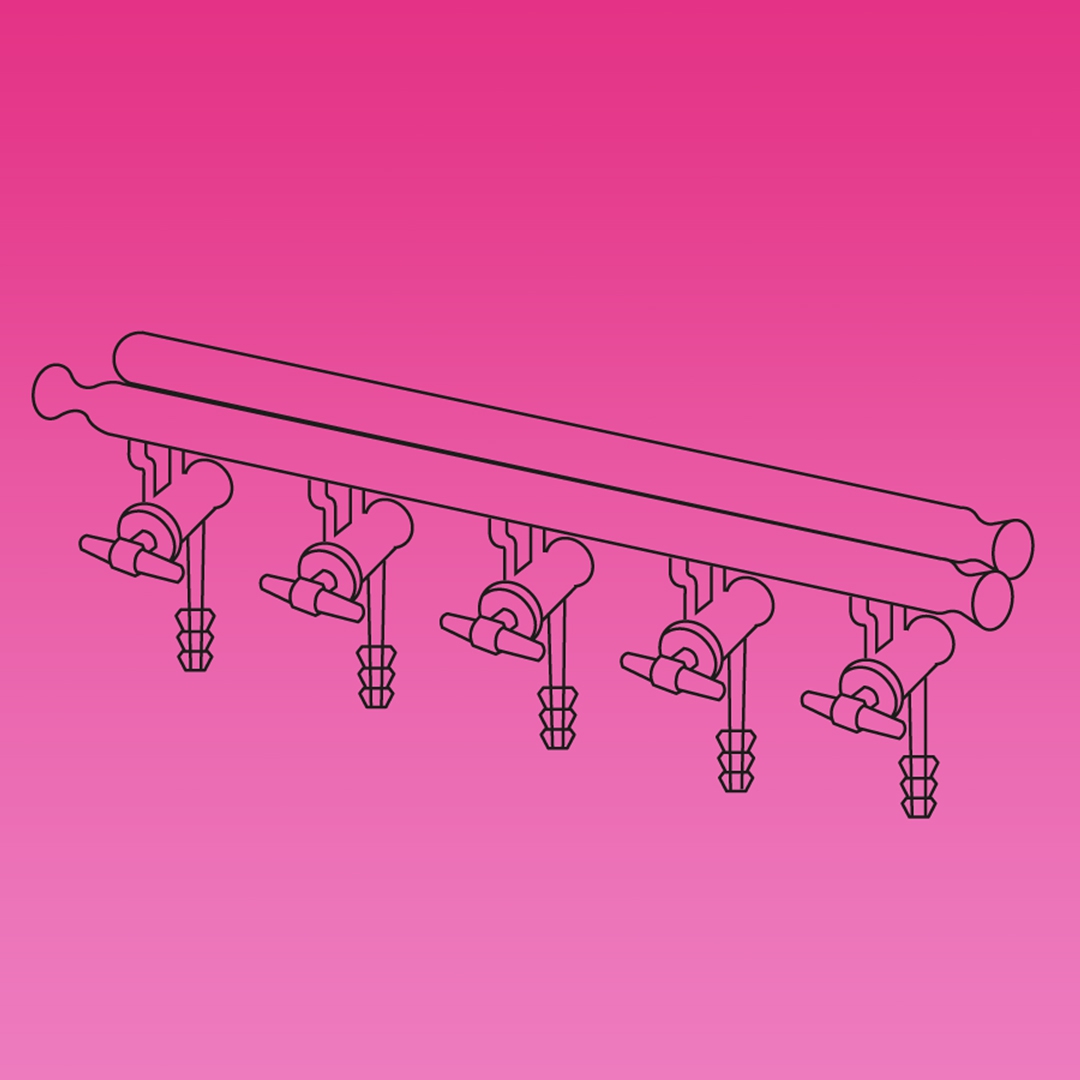 Double Manifold, Glass Stopcocks, Front Both Sides And Rear Right Spherical Joints, APlus, No. of Ports 5, Overall Width 450mm, Borosilicate Glass