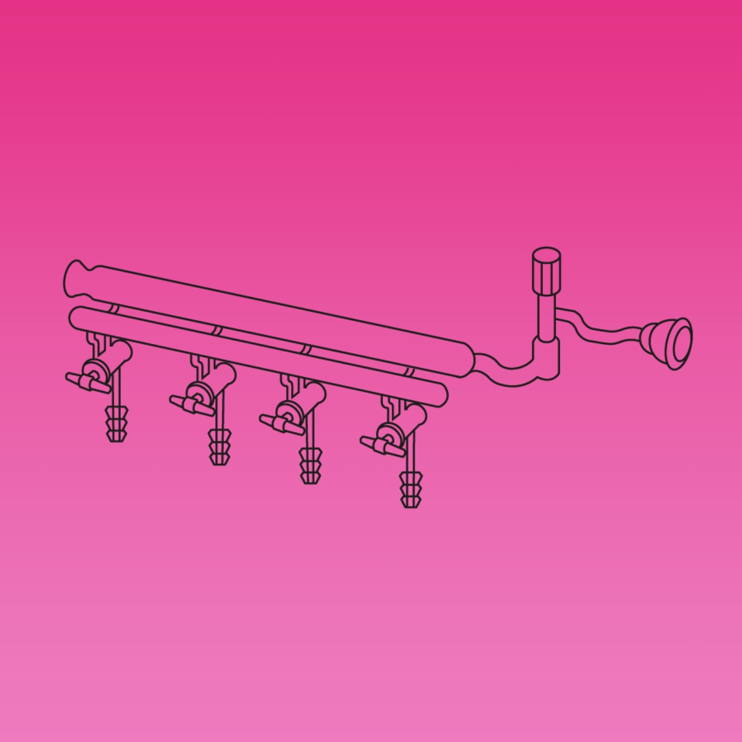 Double Manifold, Glass Stopcocks, Front Left Closed, Front Right Tubing Connector, Rear Left Spherical Joint, Rear Right Spherical Joint With High Vacuum Valve, APlus, Borosilicate Glass