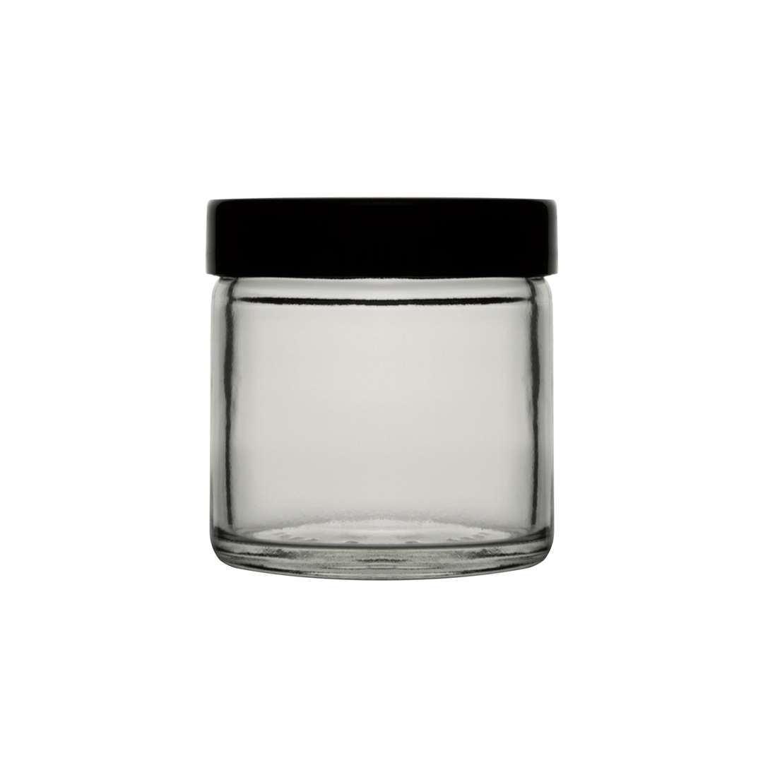 Bottle, Jar, Clear, Capacity 60ml, Black Screw Cap, Thread R3/51, Soda-Lime Glass
