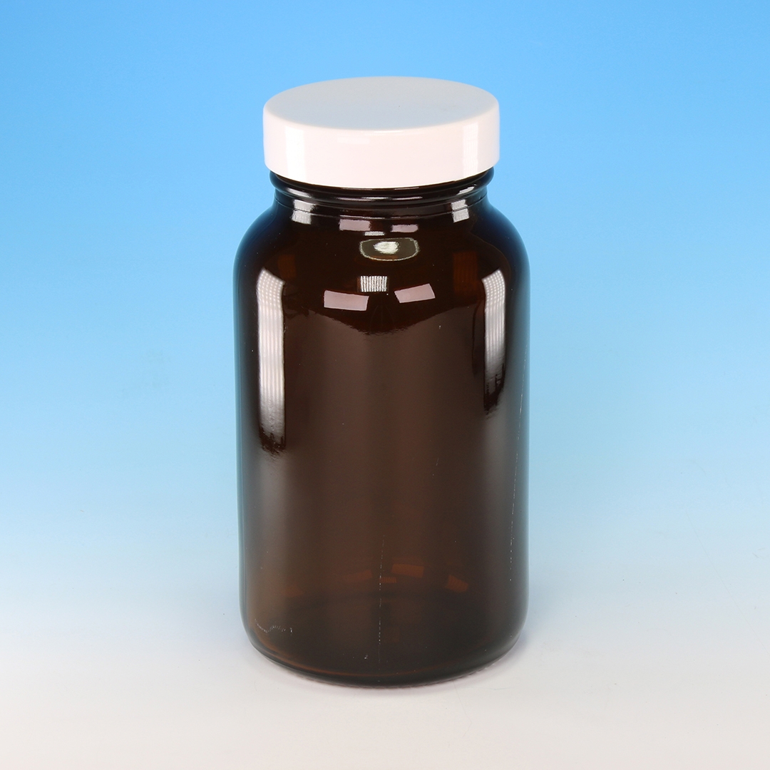 Bottle, Powder Bottle, Amber, White Screw Cap, Capacity 250ml, Thread R3/48, Durable And Reusable, Soda Glass (Type III)