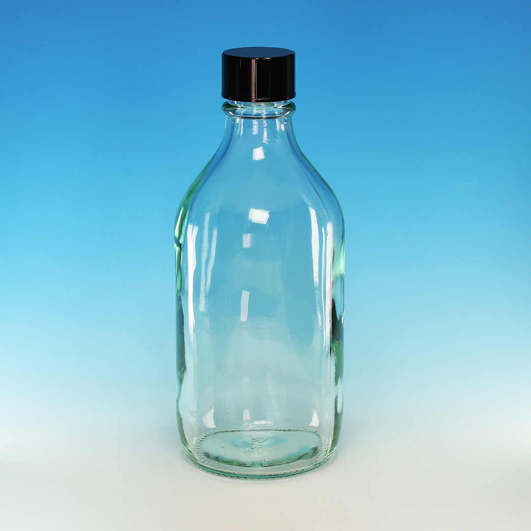 Bottle, Winchester Bottle, Clear, Black Screw Cap, Capacity 500ml, Thread R6/31, Durable And Reusable, Soda Glass (Type III)