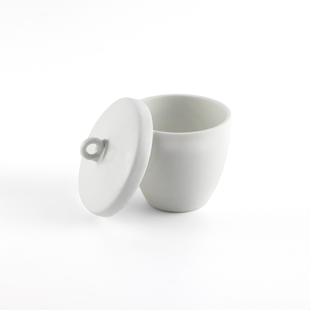 Crucible, Low Form, With Lid, Academy, Capacity 45ml, Outer Diameter Top 57mm, Outer Diameter Bottom 27mm, Porcelain