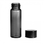 Amber Screw Thread Vials and Unattached Black Phenolic Caps with White Rubber Liners