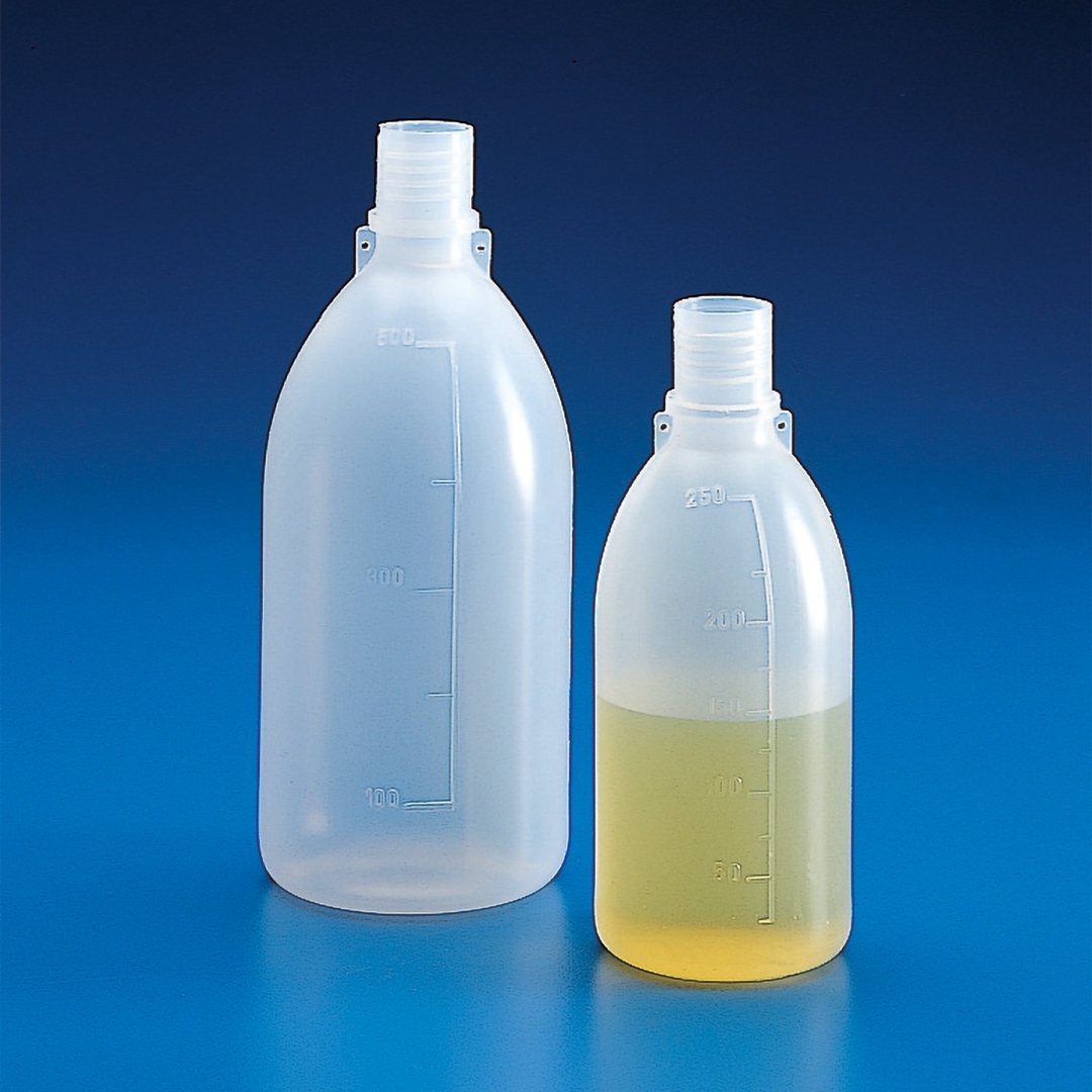 Kartell Bottles, Narrow Neck Without Cap, Graduated, 2000Ml, Pe, Capacity 2000ml, Graduation 500ml, OD 120mm, Height 271mm, Mouth 23mm, DIN Standard GL32, Material PE