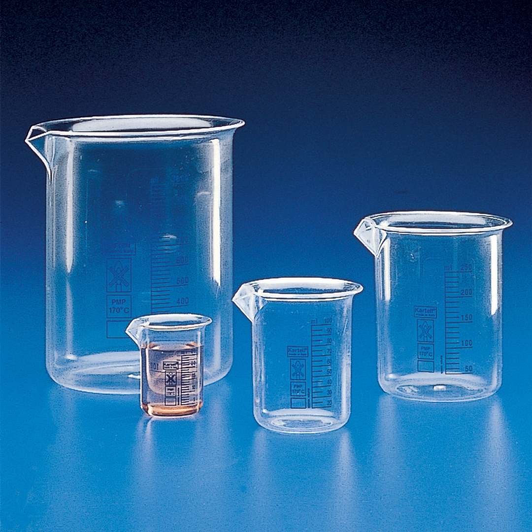 Beaker, Low Form Beaker, Class B, Blue Graduations, With Spout, Capacity: 50ml, Outer Diameter Bottom: 42mm, PMP (TPX)