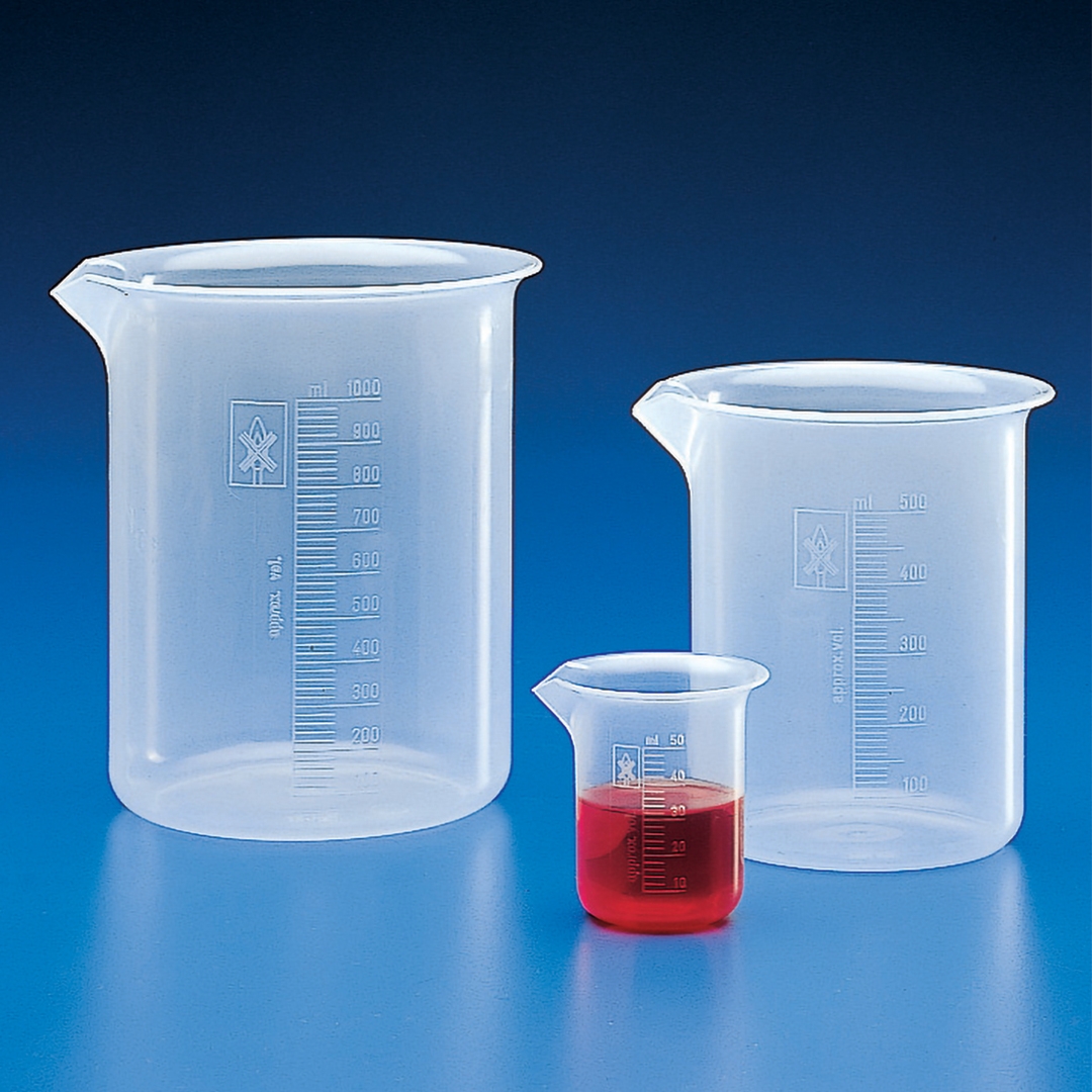 Beaker, Low Form, Class B, Moulded Graduations, With Spout, Capacity 25ml, Plastic, Polypropylene (PP)