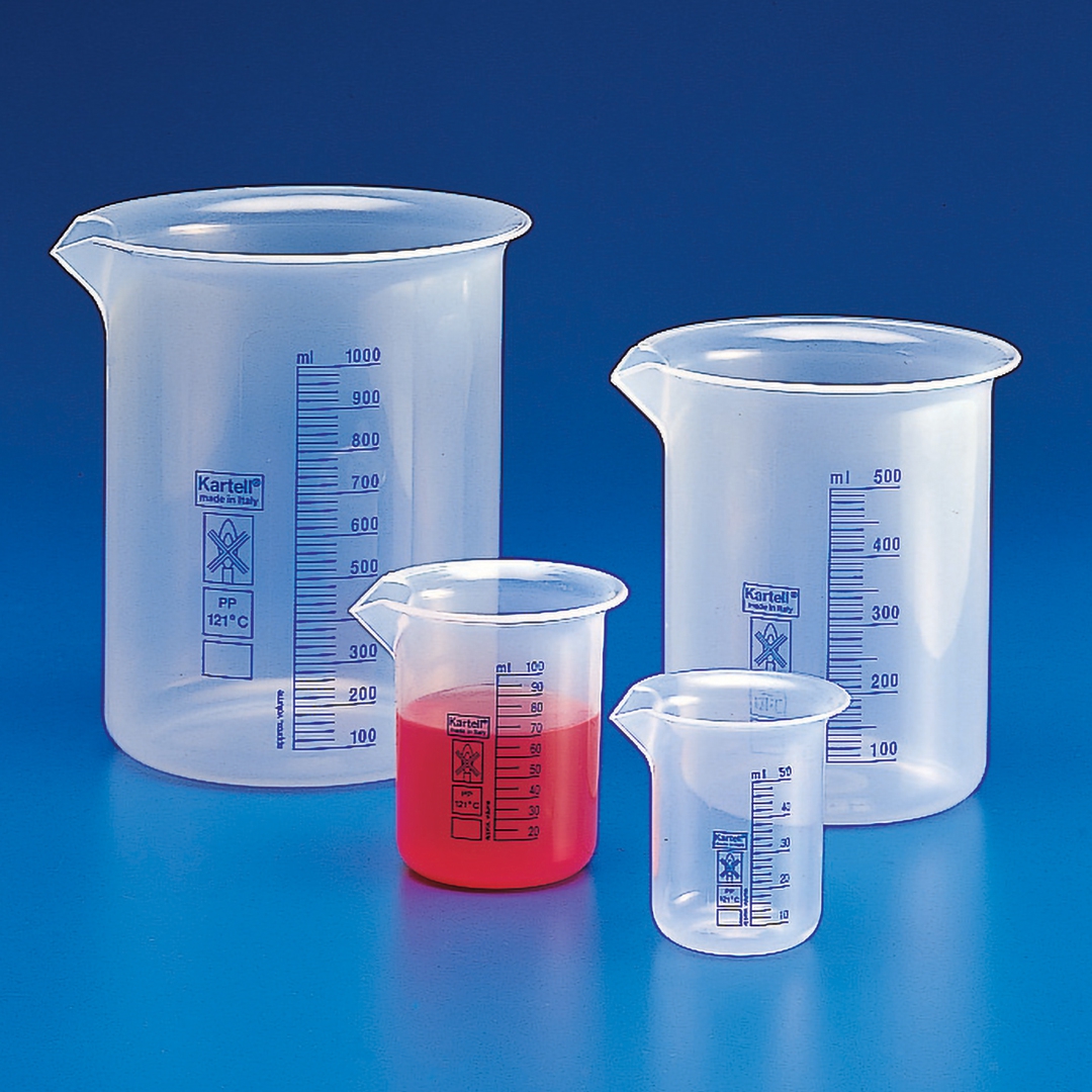 Kartell Blue Graduated Beaker Low Form Class B, Capacity 25ml, Subdivision 1ml, Tolerance +/- 10%ml, OD 34mm, Height 49mm, Material PP