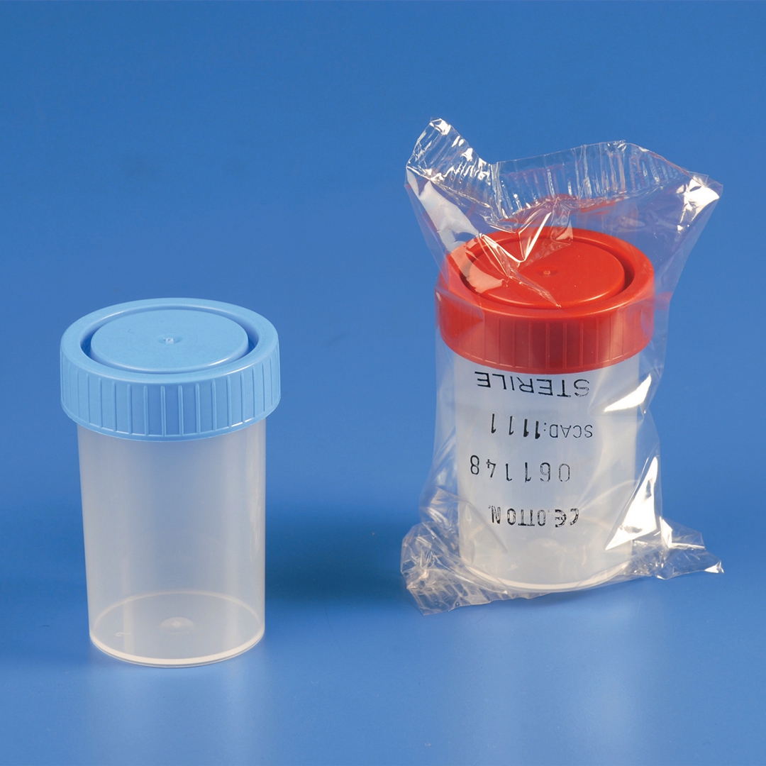 Kartell Urine Cups With Screw Cap, Description Indiv. wrap. sterile, Capacity 60ml, OD 38mm, Height 65mm, Version sterilized, Material PP